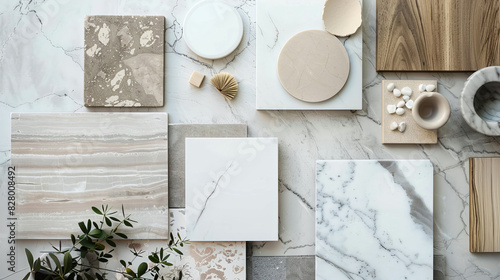 A flat lay of interior design material samples including marble, wood, and stone in neutral and earthy tones, minimalist photography, trending on Pinterest photo