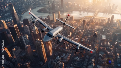 A dualpropeller aircraft with advanced noisecanceling technology ensuring a quiet flight path over densely populated city blocks. photo