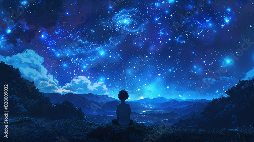 A whimsical scene capturing a child gazing up at the night sky, where cosmic wonders blend with dreamlike imagination, creating a sense of wonder and innocence