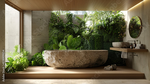 A luxurious bathroom with a stone sink, water-saving fixtures, and eco-friendly toiletries, complemented by natural materials and green plants for a spa-like atmosphere