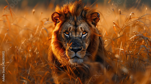 A fierce lion prowling through tall grass, wearing a rugged harness that blends seamlessly with its wild surroundings