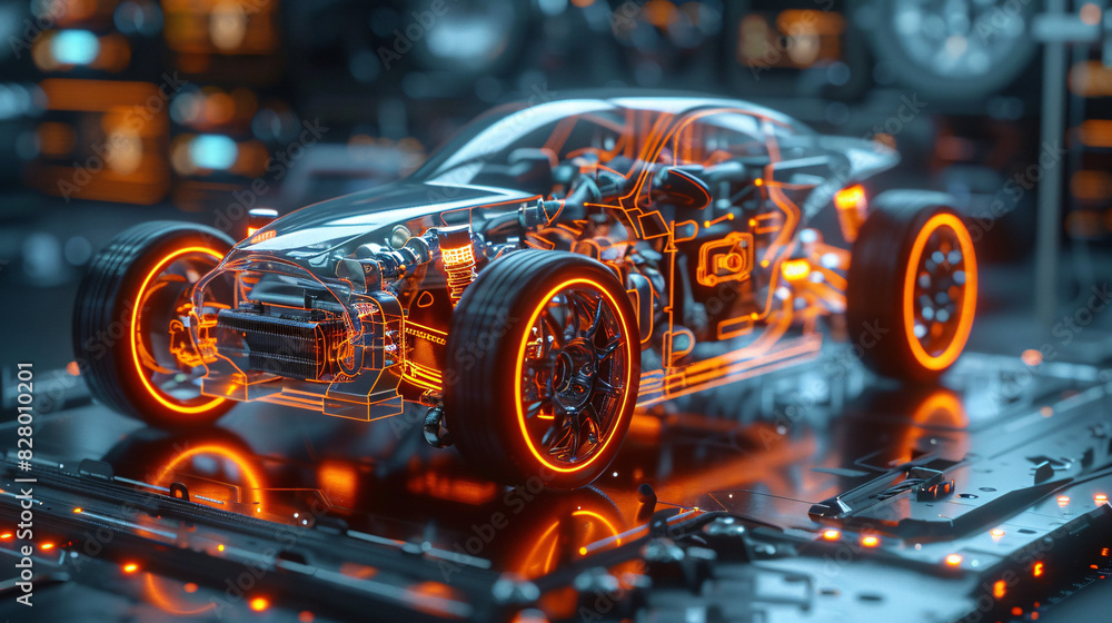 A futuristic car engine system illuminated by LED lights, with holographic displays projecting technical specifications and virtual schematics A futuristic car engine system illuminated by LED lights, with holographic displays projecting technical specifications and virtual schematics