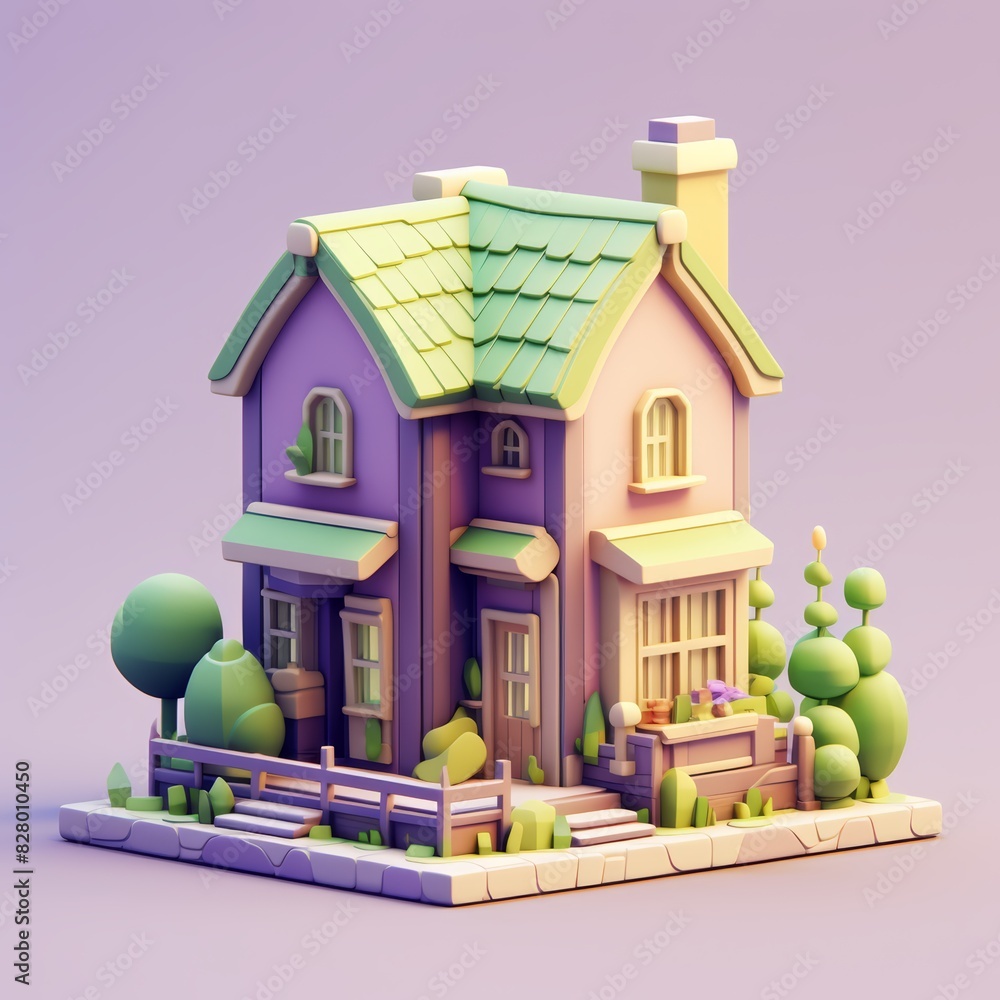 3D cartoon lavender and sage green color house with a cute, compact, and simple design 3D cartoon lavender and sage green color house with a cute, compact, and simple design