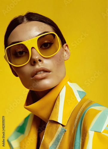 Portrait of a supermodel in bold pastel patterns, futuristic glasses, high-fashion outfit, yellow background. Minimalist with high tonal range. photo