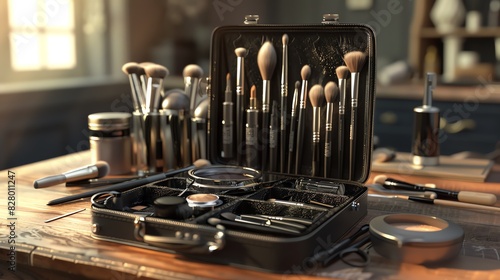 A detailed render of a makeup artist s toolkit with brushes and products photo