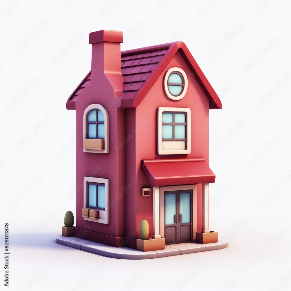 3D cartoon maroon color house with a cute, compact, and simple design 3D cartoon maroon color house with a cute, compact, and simple design