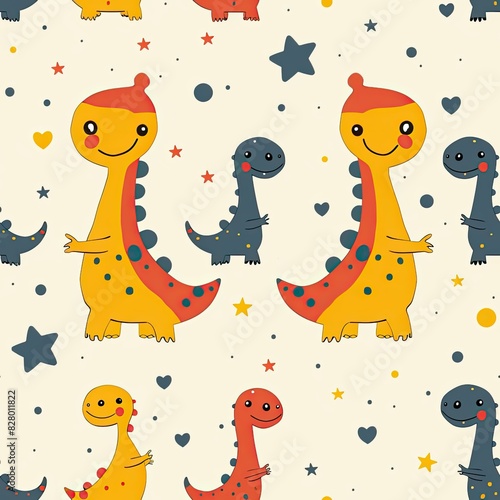 Cute and minimalistic, quirky, flat style seamless pattern with dinosaurs, in light and pleasant colors