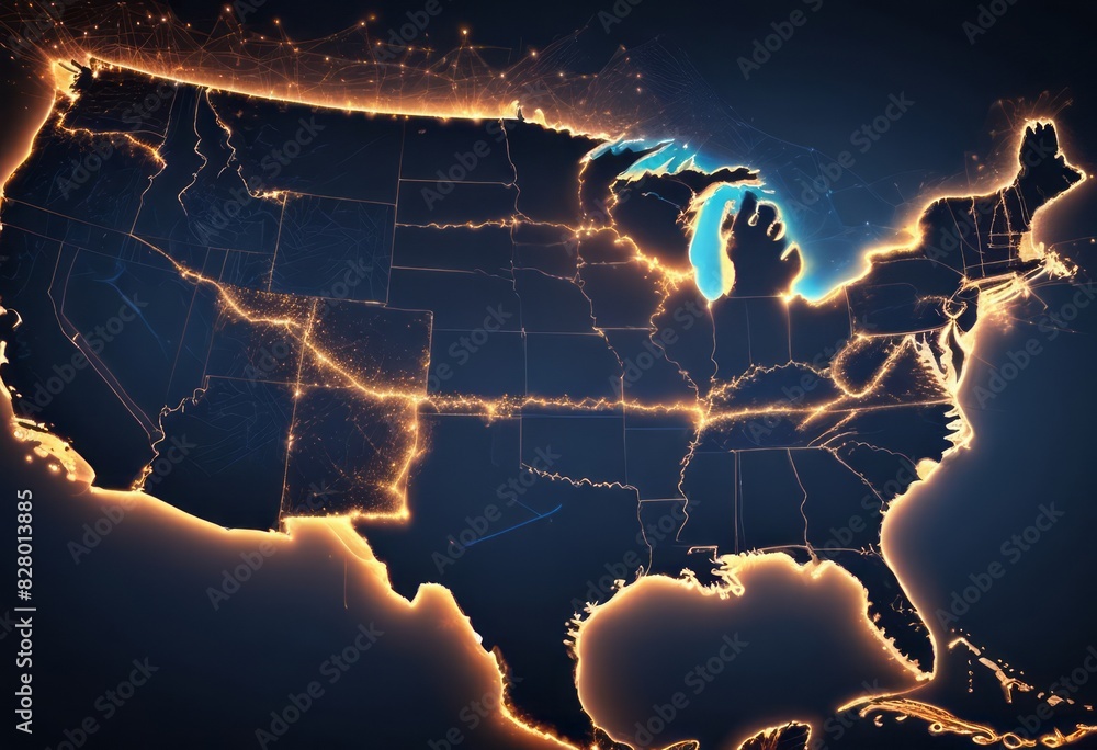 Digital map of USA, concept of North America global network and connectivity, data transfer and cyber technology, information exchange and telecommunication Digital map of USA, concept of North America global network and connectivity, data transfer and cyber technology, information exchange and telecommunication