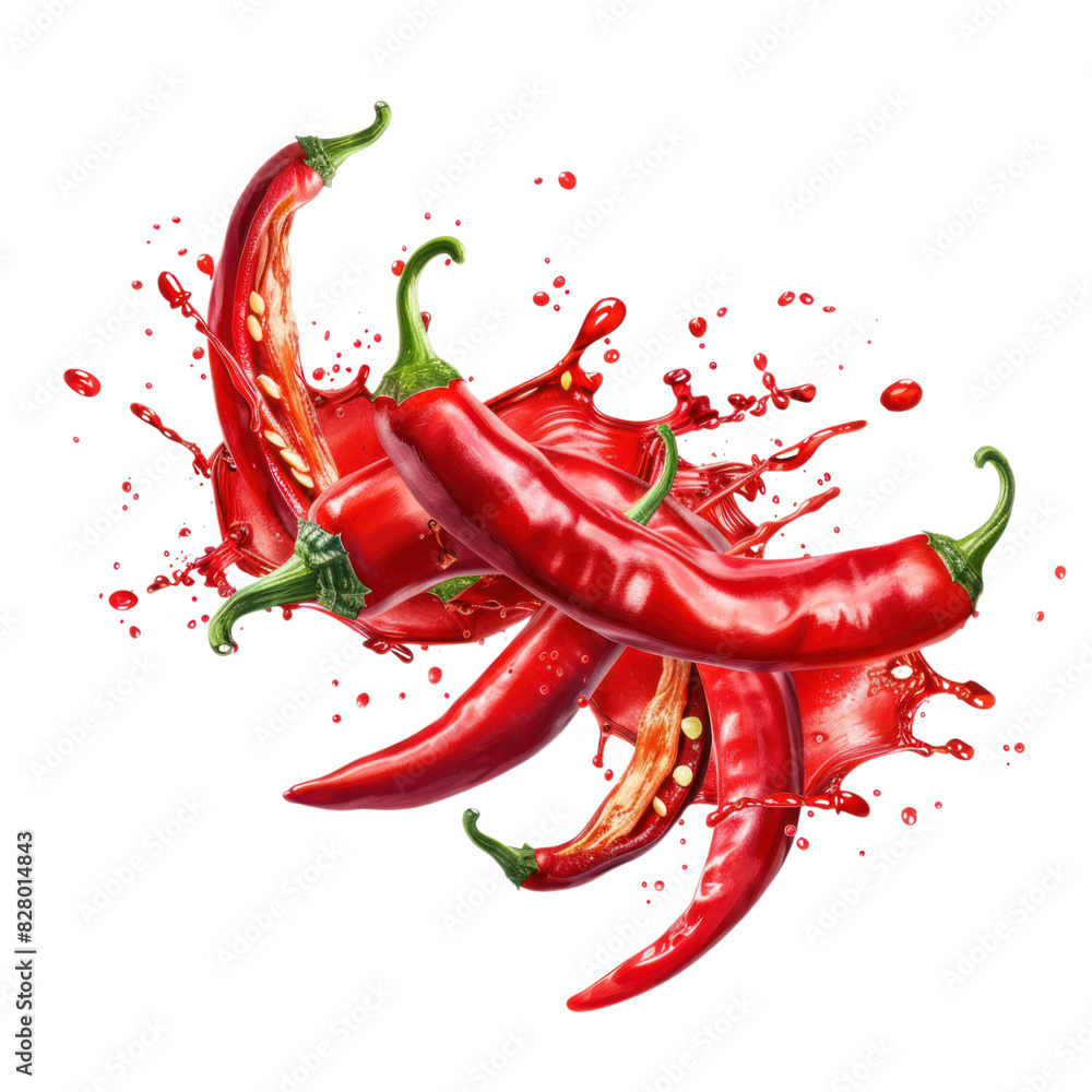 Red chili slices with water splashes, isolated on a white background. Spicy food concept. Red chili slices with water splashes, isolated on a white background. Spicy food concept.