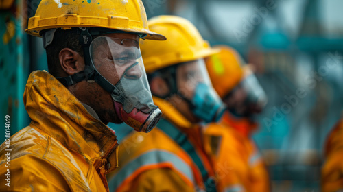 Industrial workers wearing yellow protective gear and respirators at a hazardous worksite. photo