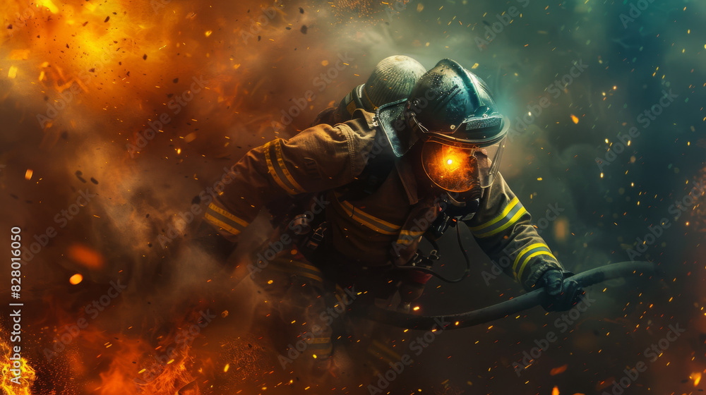 Naklejka premium A firefighter, obscured by smoke and sparks, courageously battles intense flames during a fire rescue operation.