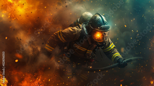 A firefighter, obscured by smoke and sparks, courageously battles intense flames during a fire rescue operation.