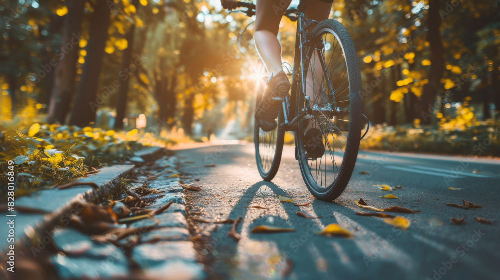 A cyclist rides along a park path during a beautiful sunset, enjoying the warm glow and peaceful surroundings. A cyclist rides along a park path during a beautiful sunset, enjoying the warm glow and peaceful surroundings.