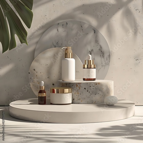 Minimalist skincare product display on podium photo