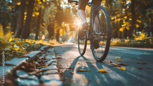 A cyclist rides along a park path during a beautiful sunset, enjoying the warm glow and peaceful surroundings.