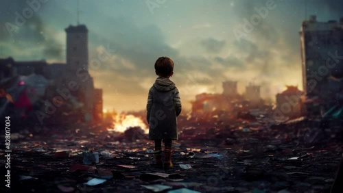 Desperate Sad Poor Afraid Boy Child Standing in The Middle of Ukraine War Zone Deserted Demolished City Buildings Burning in the Background photo