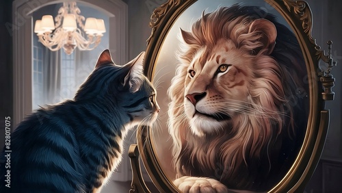 A cat looking in the mirror, in the reflection of the mirror there is a lion, an image that represents self-deception