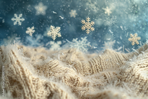 Dreamy winter scene with falling snowflakes and a soft knitted scarf  evoking a cozy  snowy atmosphere.