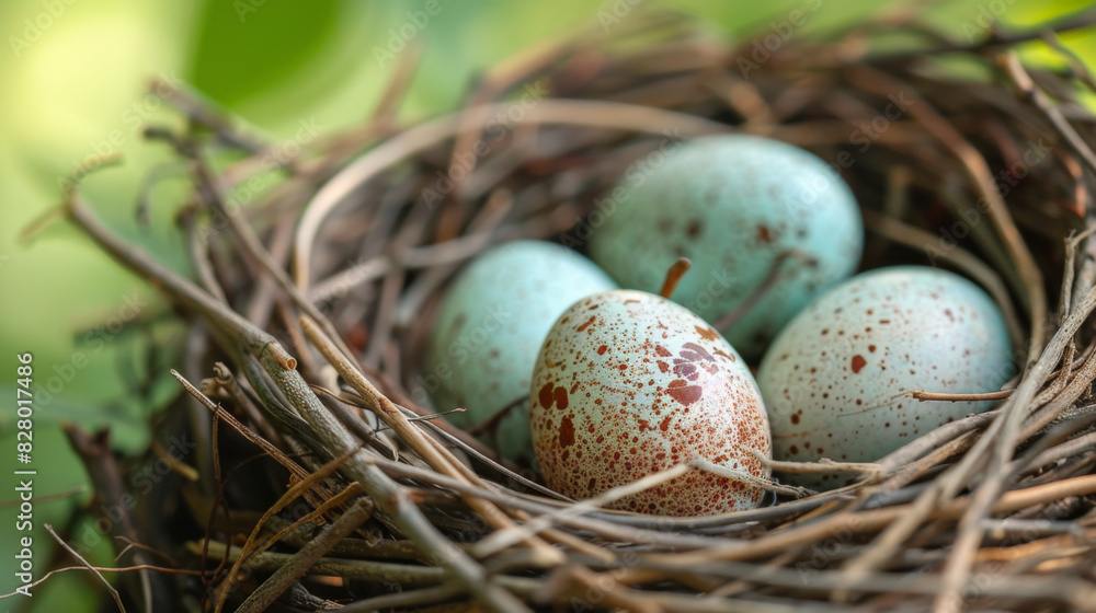 Close-up view of a bird's nest with speckled eggs, nestled among natural twigs and leaves.