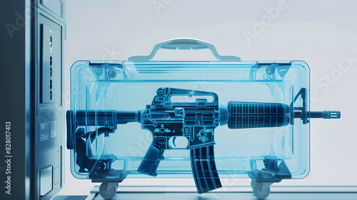 An immersive digital painting depicting the moment an airport scanner detects a smuggled weapon concealed within carry-on luggage. with x-ray isolated on white background, space for captions, png 