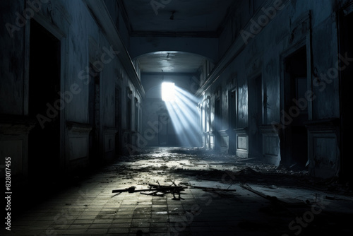 Abandoned hallway illuminated by a beam of light  creating a suspenseful and haunting atmosphere.