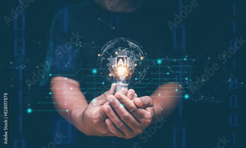 Artificial intelligence or AI of futuristic technology concept, Hands holding light bulb with virtual AI technology, Internet of Things, futuristic innovation, smart communication network.