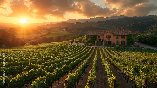 Peaceful vineyard at sunset with rows of vines