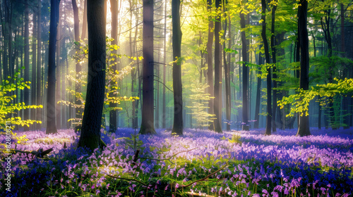 Painting of a mystical forest with trees and a purple carpet of blooming bluebells in the sunlight