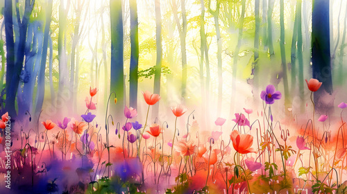 Oil painting landscape scenery - colorful fantasy forest with a mystical atmosphere