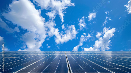 Solar panels on a rooftop with a vibrant blue sky