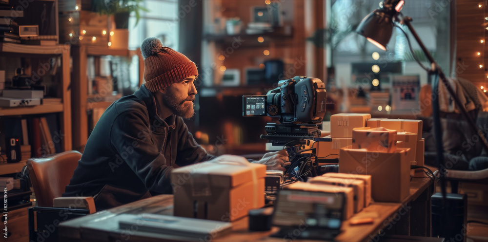 Focused filmmaker in a beanie reviewing footage on a digital camera monitor in a workshop setting.