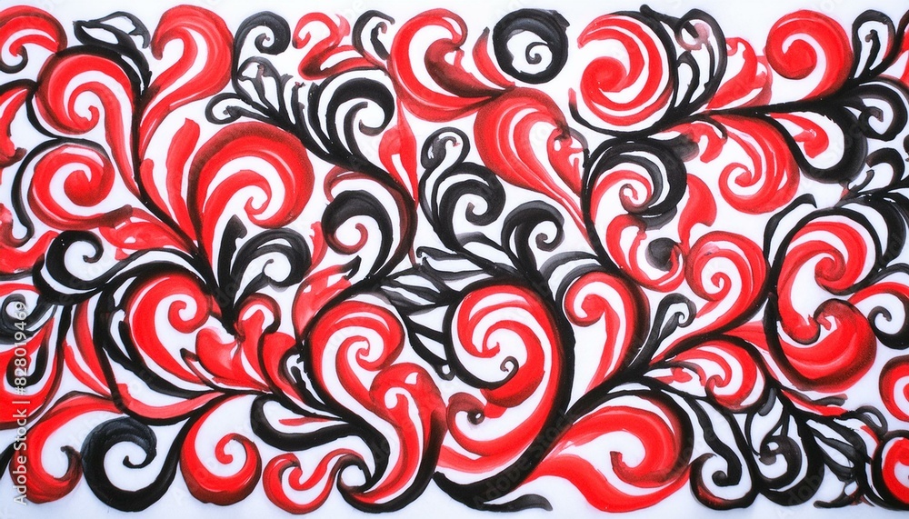 Elegant calligraphic ornament of red and black curly lines, on a white background; hand draw Elegant calligraphic ornament of red and black curly lines, on a white background; hand draw