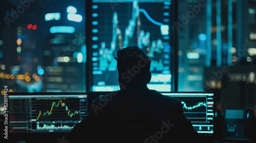 Focused Trader Studying Financial Data on Multiple Computer Screens