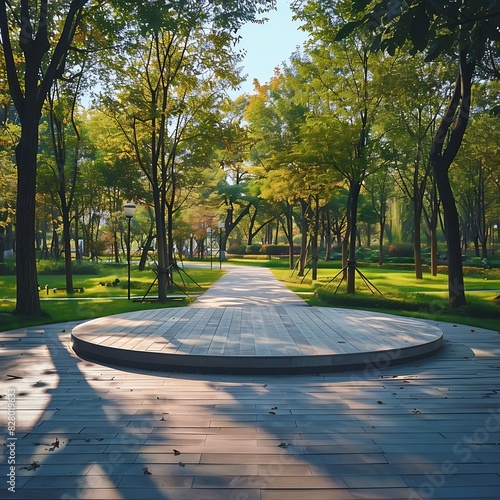 Modern park background with trees and wooden deck photo