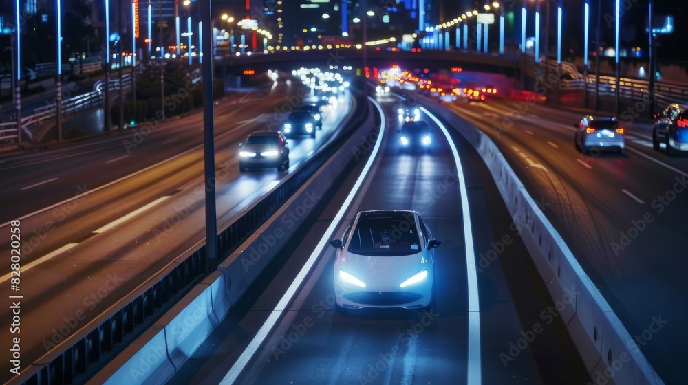 Futuristic Vehicle Navigating Through the Neon Lit Urban Night
