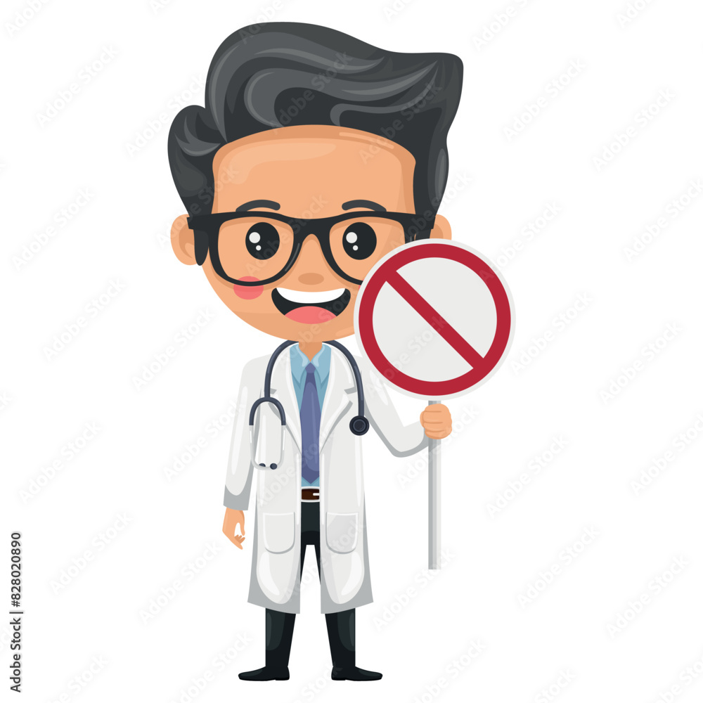 Cartoon of doctor holding a forbidden sign. Health and medicine concept. Health professional to perform a checkup or medical examination on a patient. Research, science and technology in health Cartoon of doctor holding a forbidden sign. Health and medicine concept. Health professional to perform a checkup or medical examination on a patient. Research, science and technology in health
