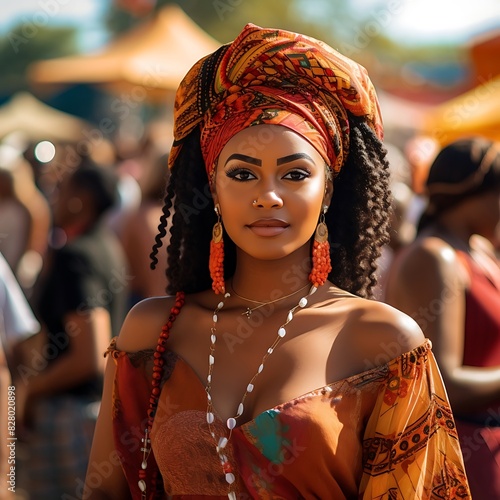 Beautiful young African woman in traditional attire at a festival photo