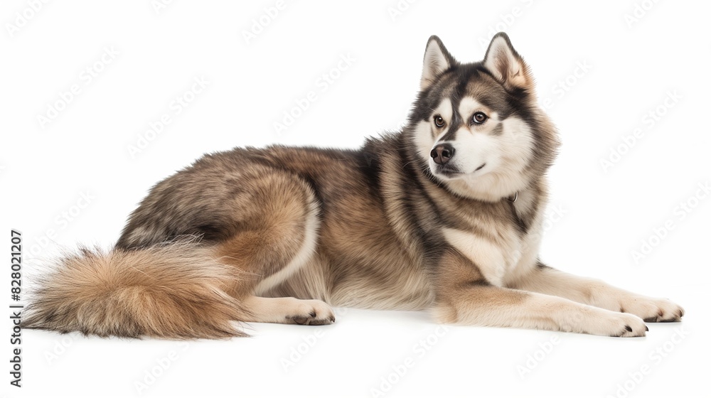 Alaskan malamute with a fluffy tail, centered on solid white background