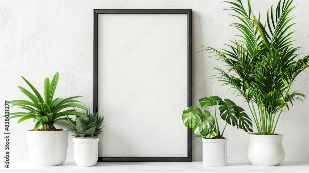 Mock up black frame with a group houseplants on a shelf. White shelf against a white wall. Copy space. Mock up black frame with a group houseplants on a shelf. White shelf against a white wall. Copy space.