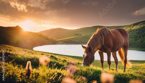 beautiful horse grazing on a green meadow and the lake is surrounded by wild flowers  spring