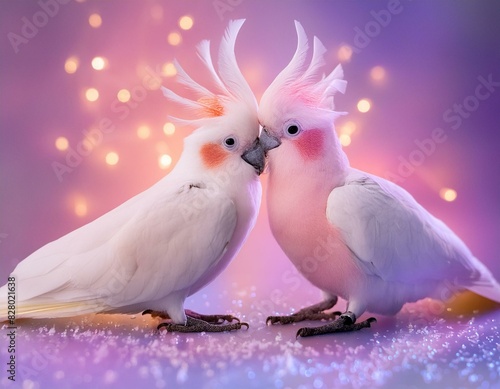 realistic cute agaponis couple birds made by cotton candy pink and purple  lighting halos