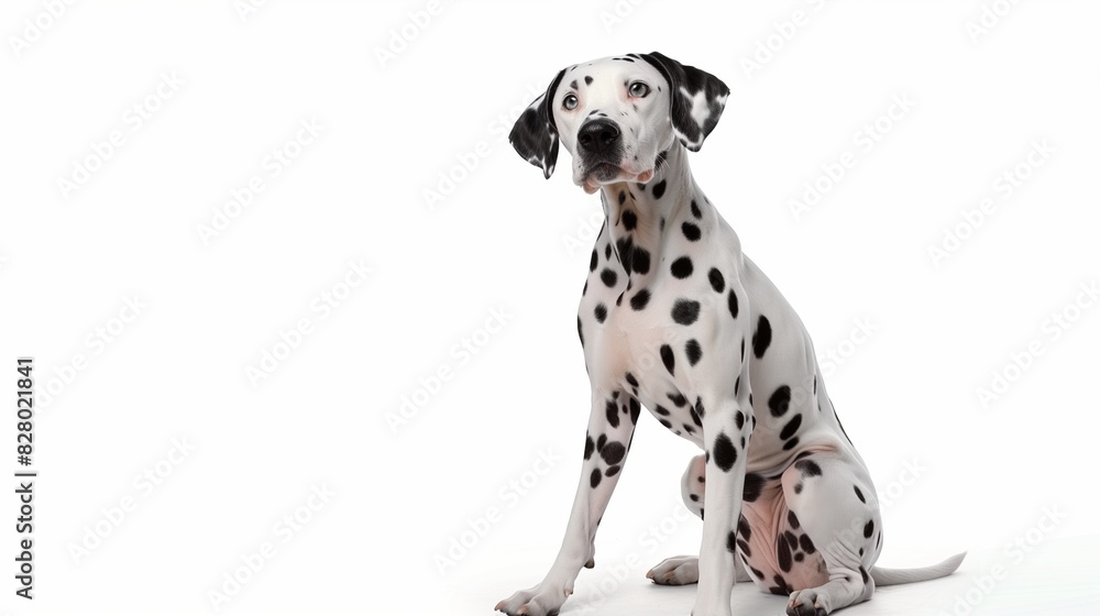 Dalmatian sitting with head tilted, isolated on solid white background