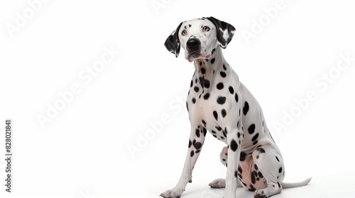 Dalmatian sitting with head tilted  isolated on solid white background