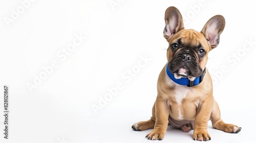 French bulldog with blue collar  isolated on solid white background