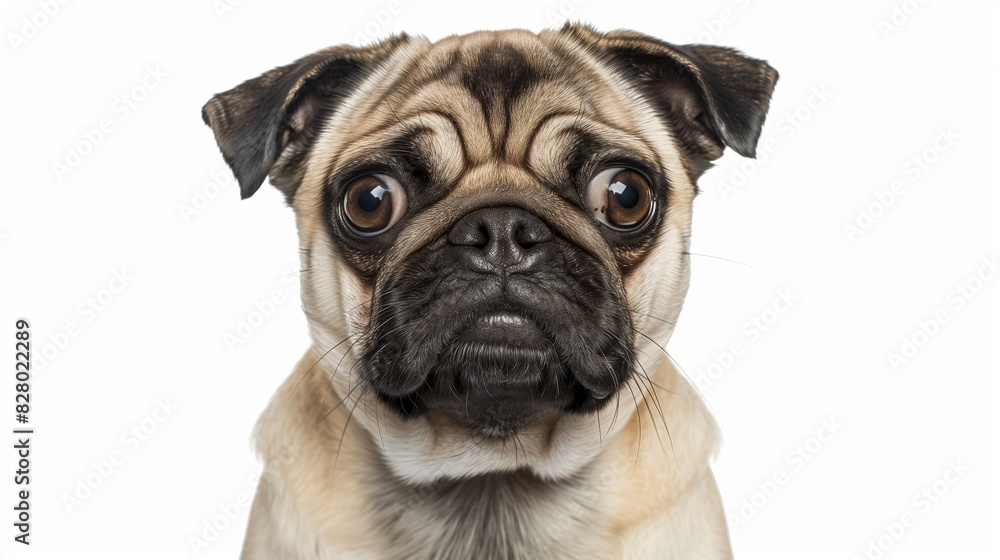 Pug with wrinkled face, isolated on solid white background Pug with wrinkled face, isolated on solid white background