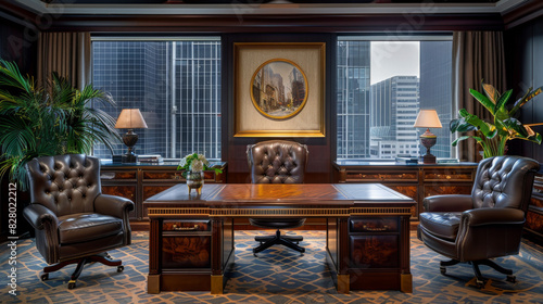 An executive office interior featuring a large desk, leather chairs, and a view of skyscrapers. © khonkangrua