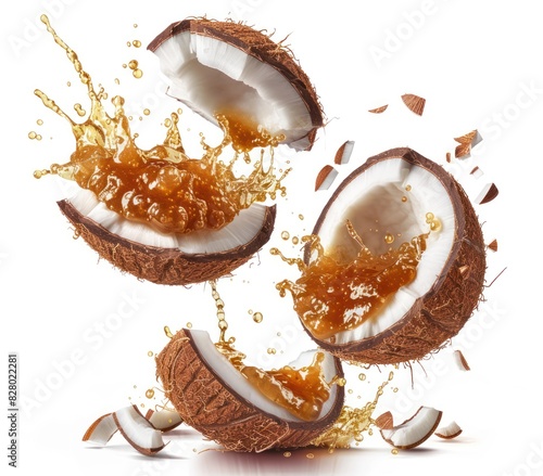 Coconuts and coconut jam with dynamic splashes, isolated on white background photo