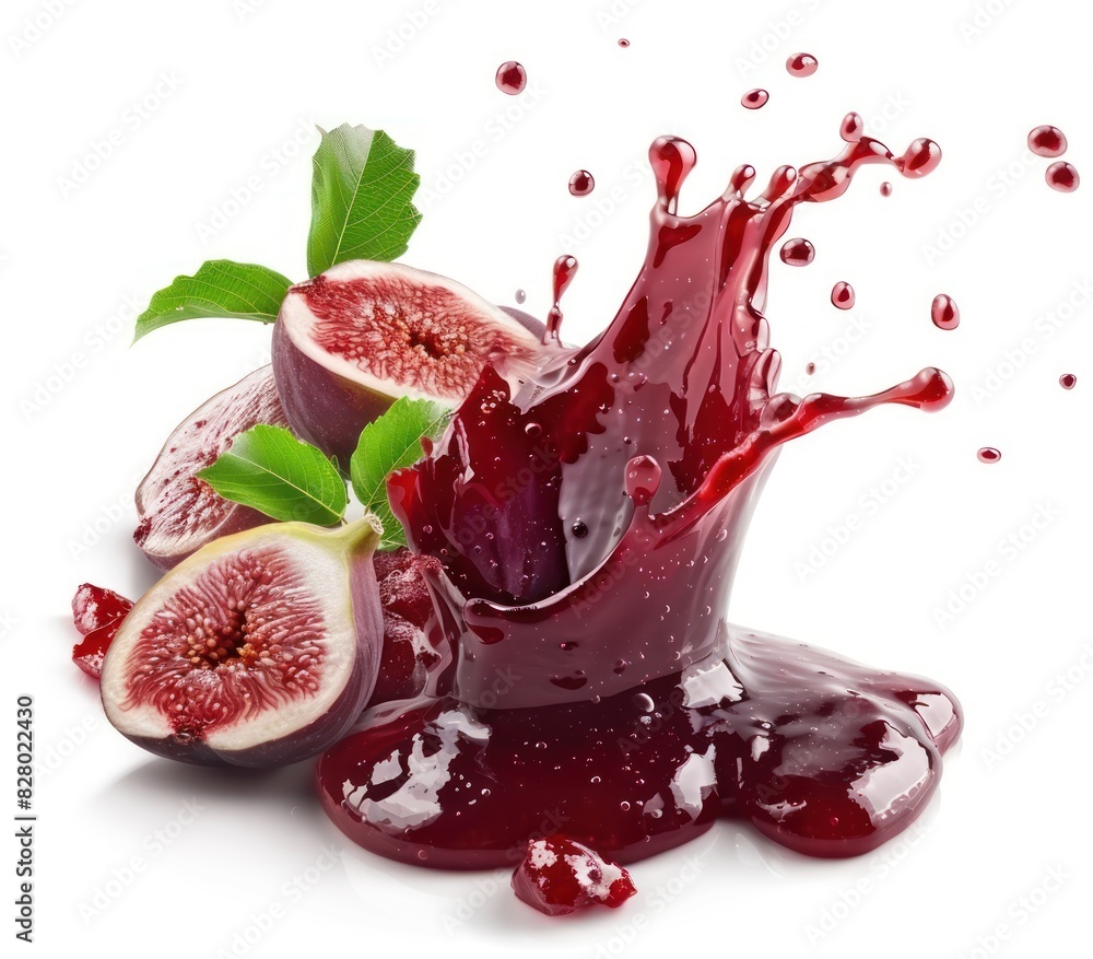 Isolated whole figs and fig jam with splashes, on white background