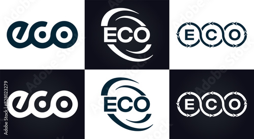 ECO logo. E C O design. White ECO letter. ECO, E C O letter logo design. E C O letter logo design in FIVE, FOUR, THREE, style. letter logo set in one artboard. E C O letter logo vector design.