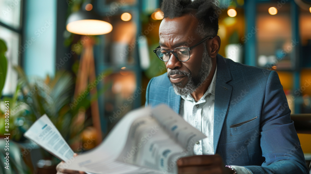 A focused African-American businessman reads the newspaper in a trendy, well-lit cafe environment.